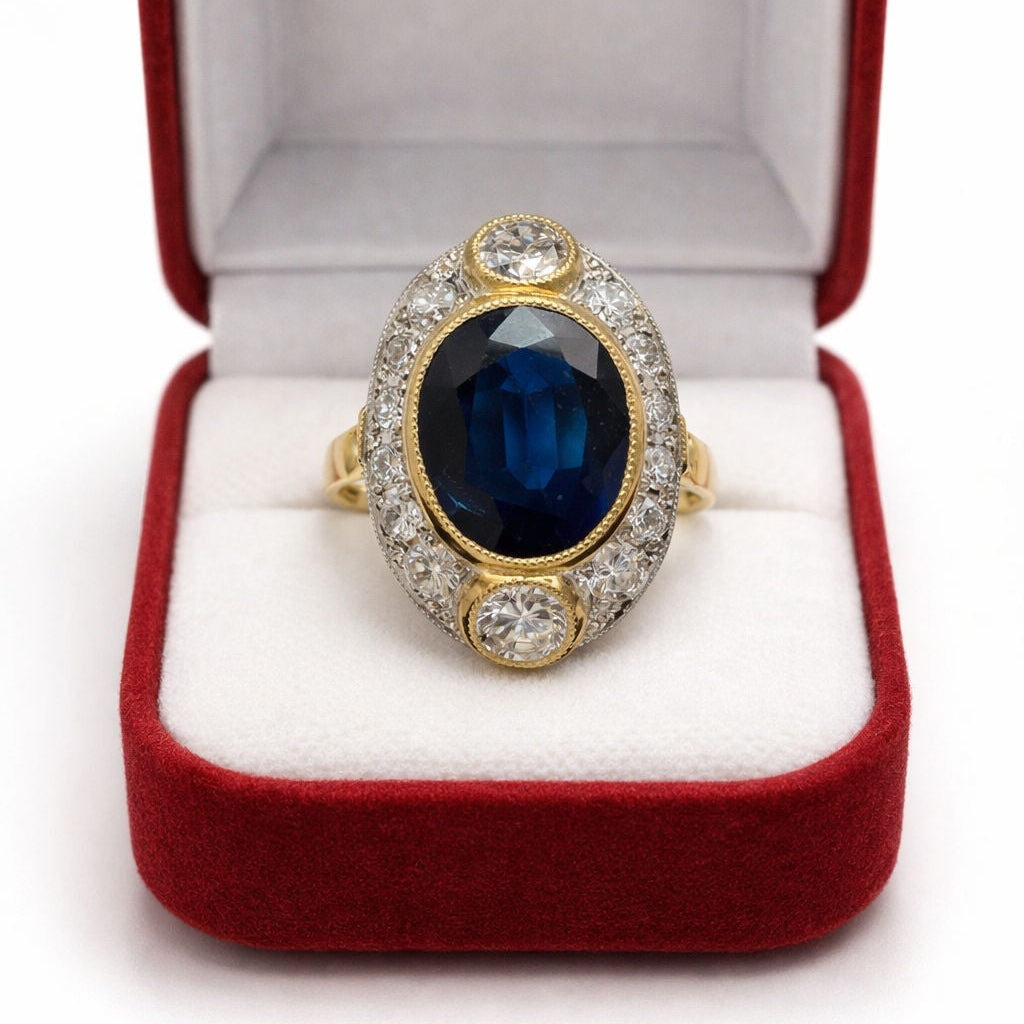 ANILLO DE ZAFIRO AZUL Y DIAMANTES EN ORO AMARILLO CON VISTAS EN PLATINO