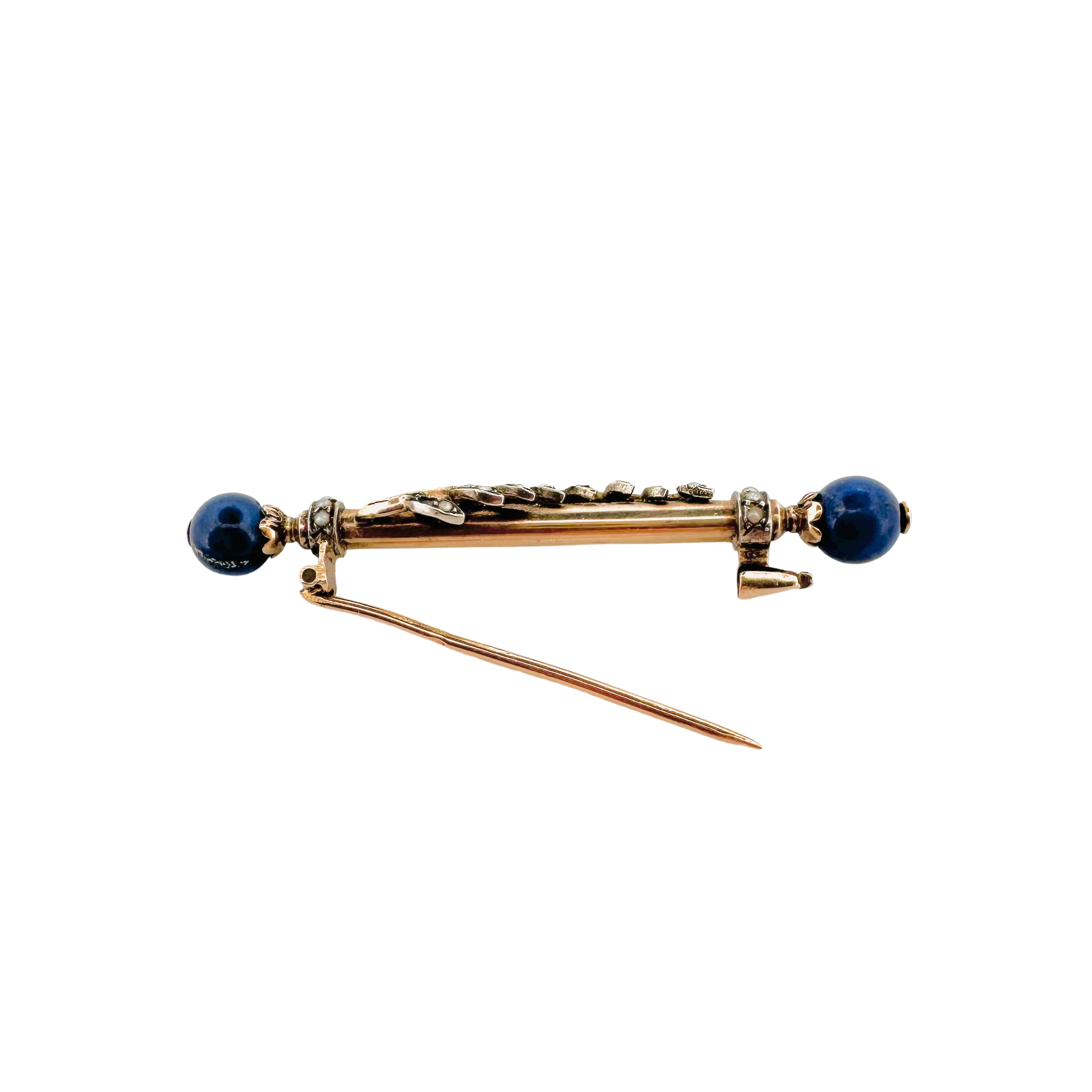 Broche or rose perles lapis lazuli