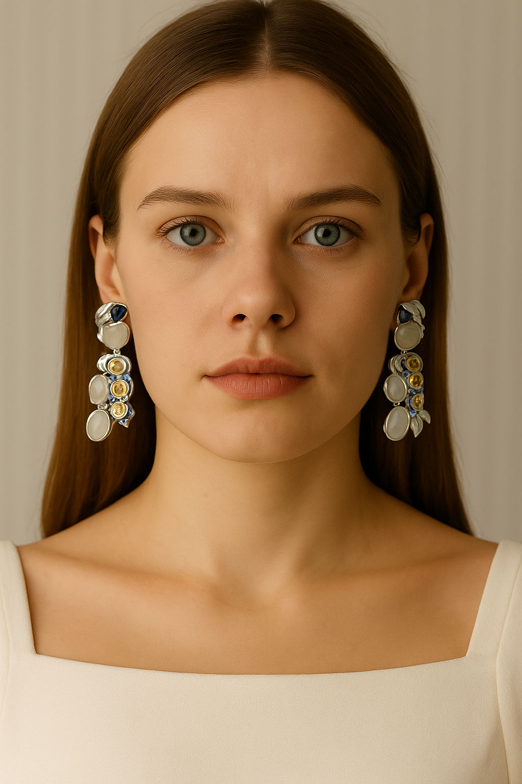 Clip-on earrings in white gold, yellow gold, and sapphire