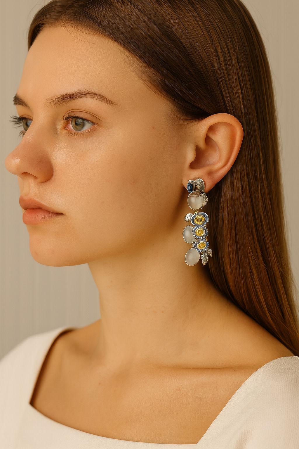 Clip-on earrings in white gold, yellow gold, and sapphire