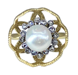 Bague en or jaune 18 carats et argent,perle fine et diamants