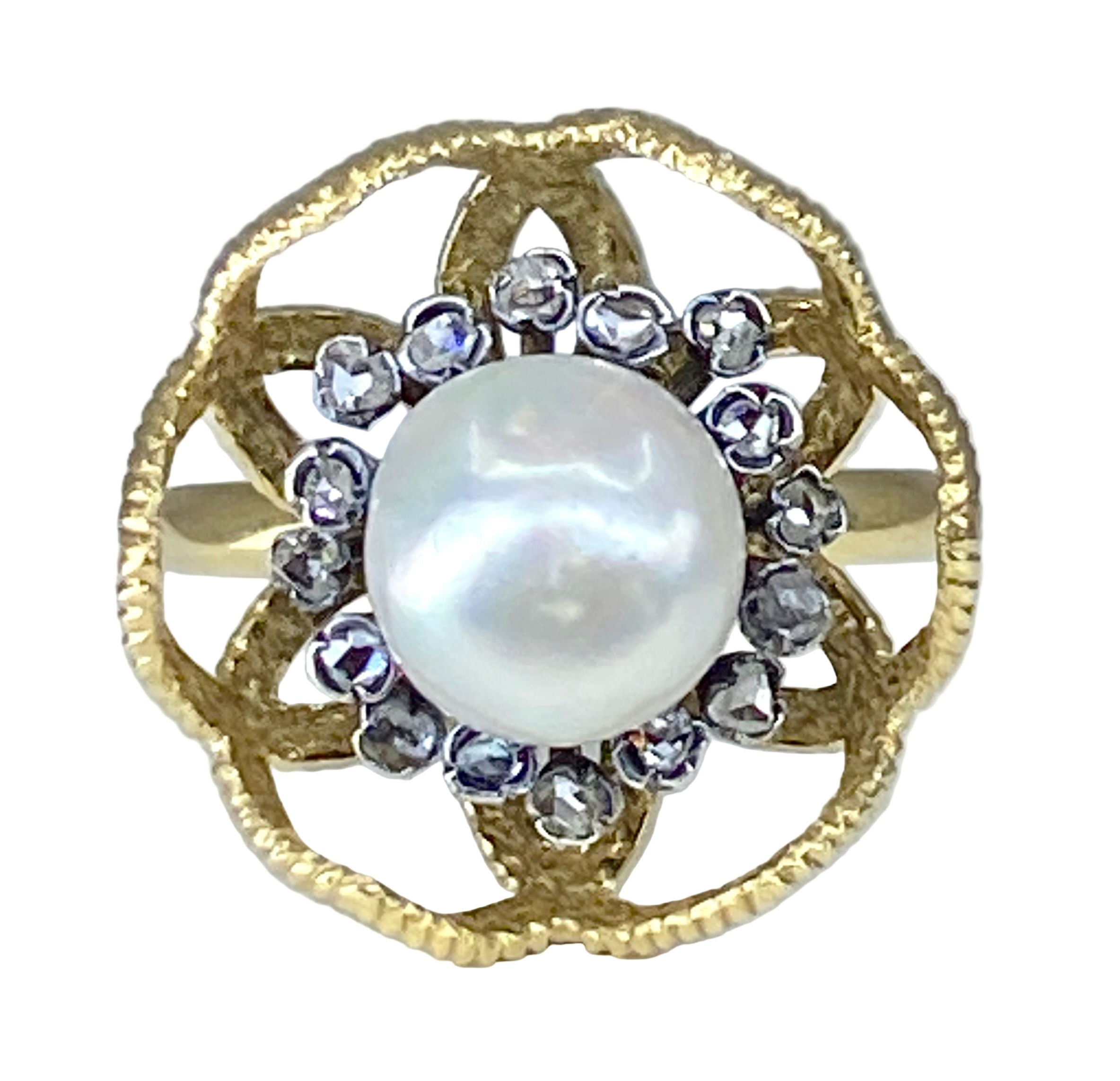 Bague en or jaune 18 carats et argent,perle fine et diamants