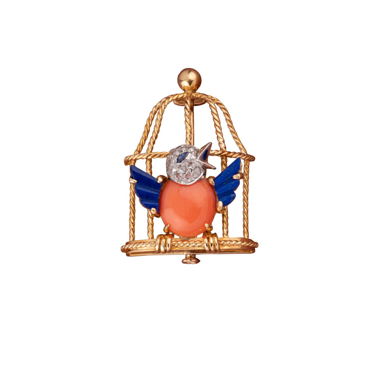 Broche Oiseau Libéré, or jaune, corail, lapis lazuli, saphir et diamants