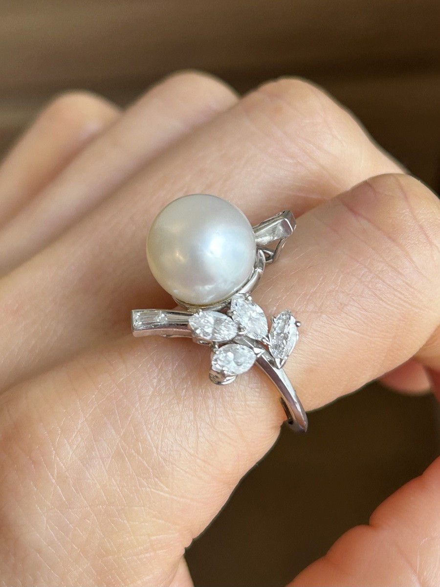 Ring in white gold 18K pearl and diamonds