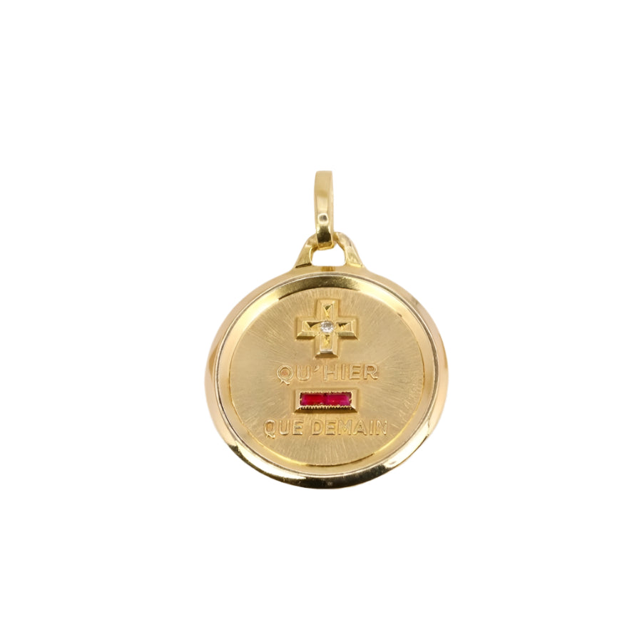 Médaille amour Augis ronde Plus qu'hier moins que demain or jaune diamant rubis - Castafiore