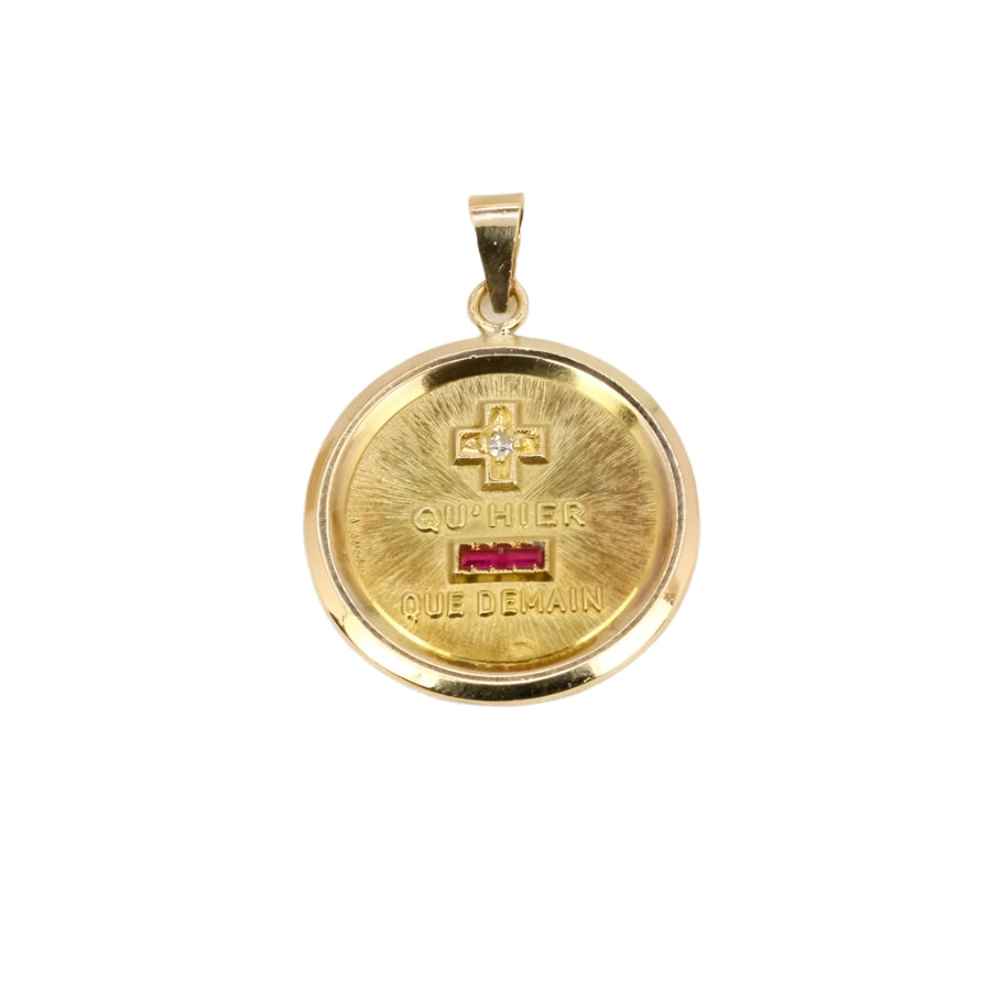 Médaille amour Augis ronde Plus qu'hier moins que demain or jaune diamant rubis - Castafiore