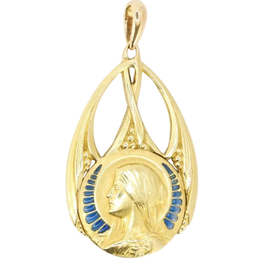 Médaille Art Nouveau Vierge de profil or jaune émail plique - à - jour bleu - Castafiore