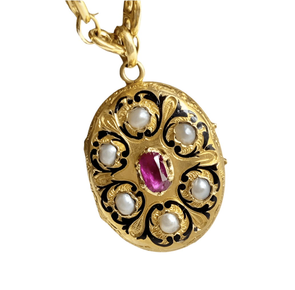 Médaille en or jaune, émail, perles et rubis - Castafiore