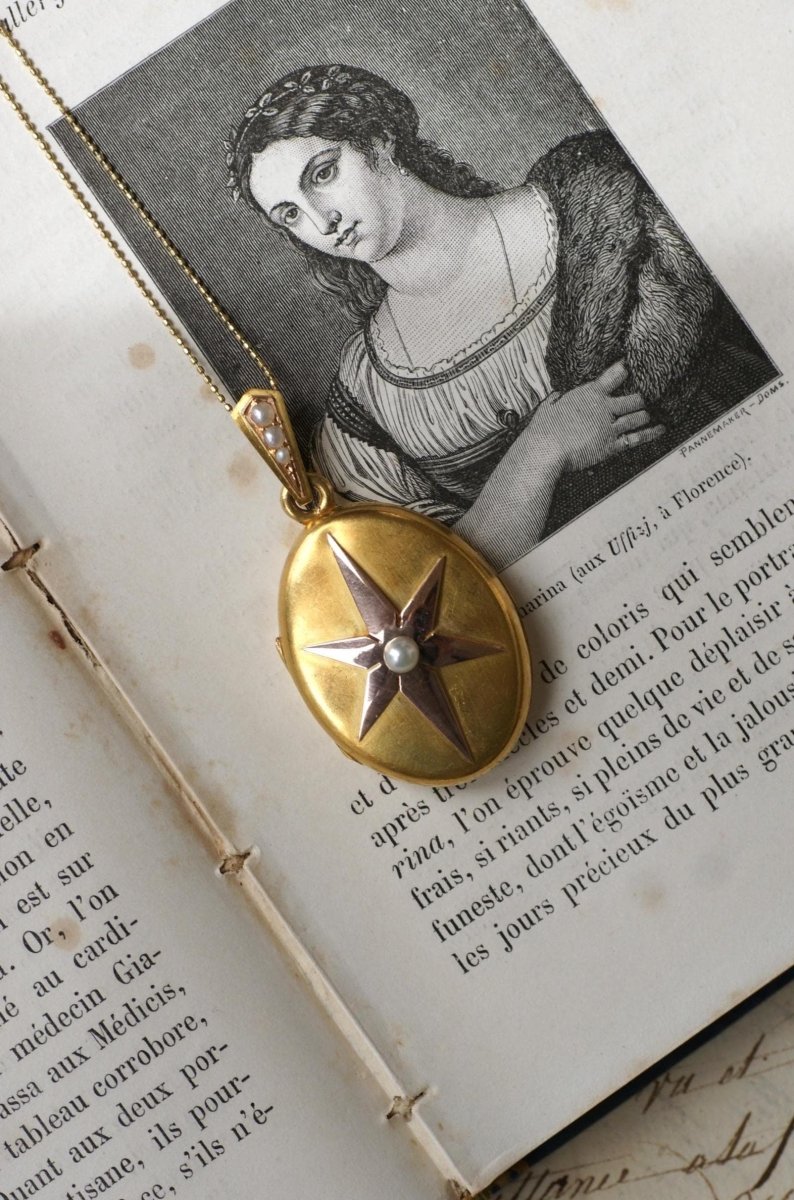 Médaillon Ancien Etoile Perles Fines sur Or Rose et Jaune - Castafiore