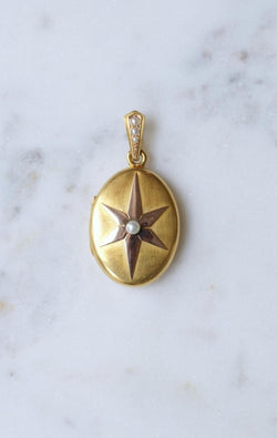 Médaillon Ancien Etoile Perles Fines sur Or Rose et Jaune - Castafiore