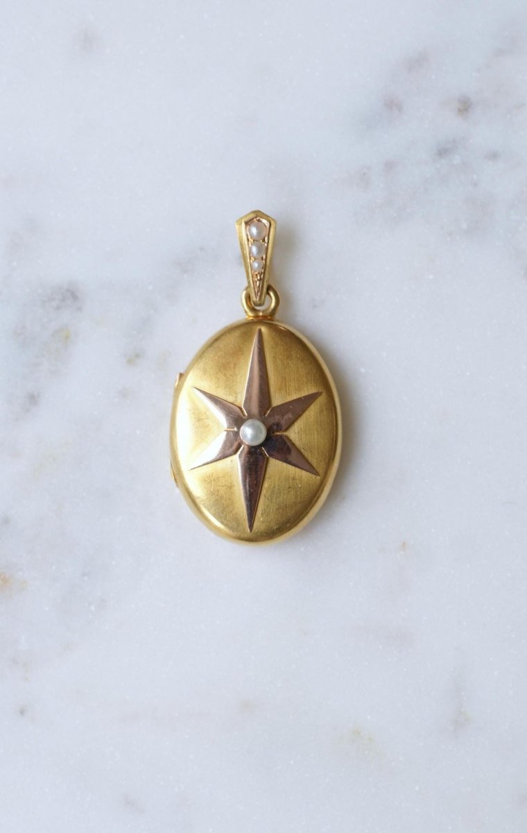 Médaillon Ancien Etoile Perles Fines sur Or Rose et Jaune - Castafiore