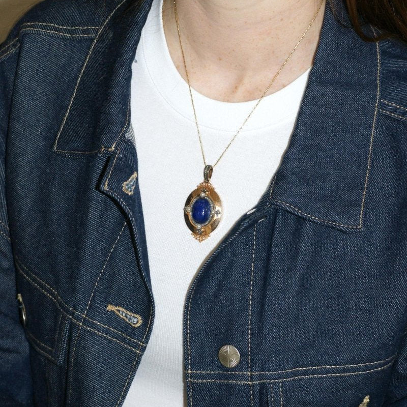 Médaillon Ancien Scarabée Lapis Lazuli Diamants et Perles - Castafiore