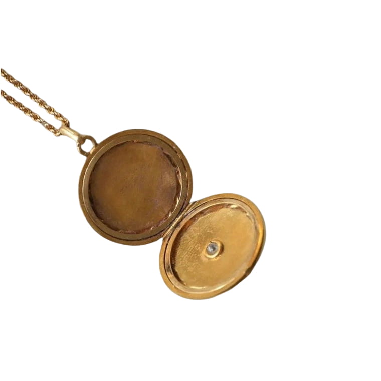 Médaillon Or Jaune Diamant Email et Chaine Or et perles - Castafiore