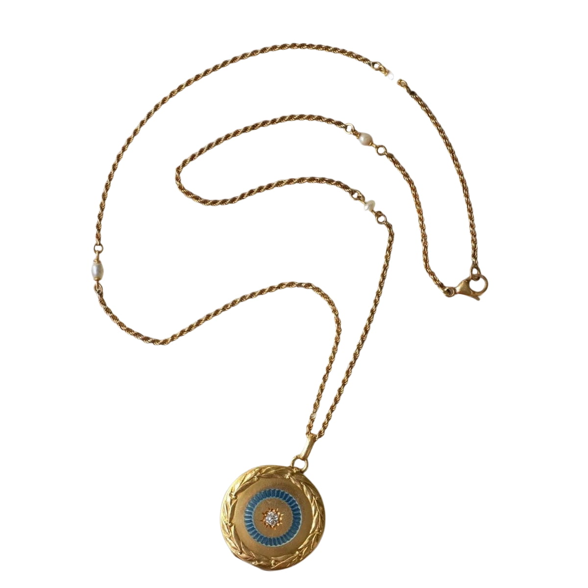 Médaillon Or Jaune Diamant Email et Chaine Or et perles - Castafiore