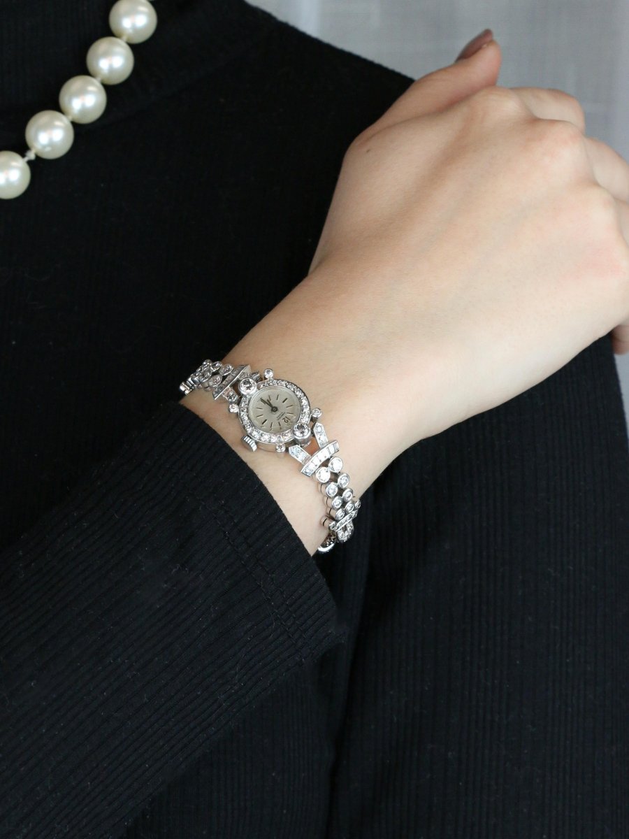 Montre Art Deco or blanc platine diamants - Castafiore