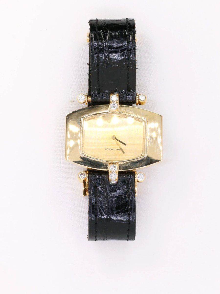 Montre BOUCHERON or jaune diamants bracelet cuir noir - Castafiore