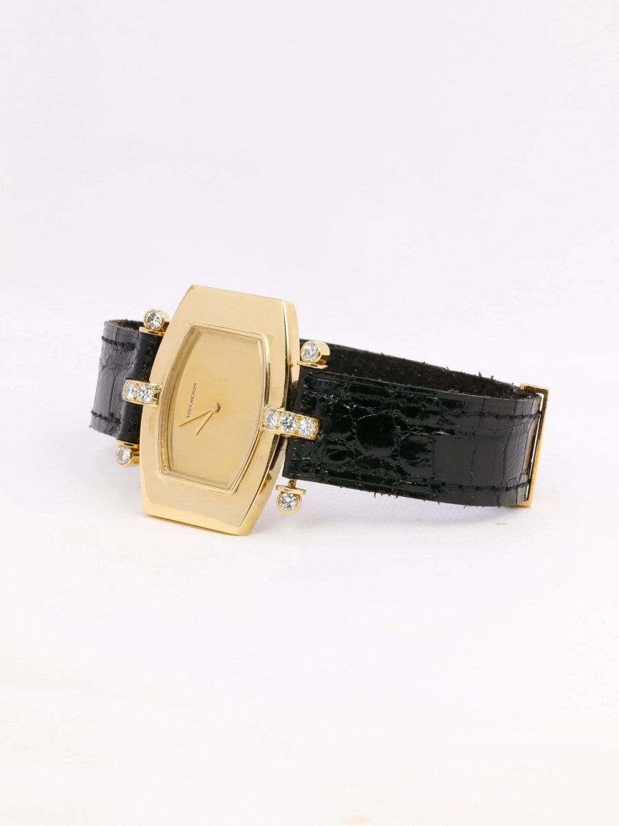 Montre BOUCHERON or jaune diamants bracelet cuir noir - Castafiore