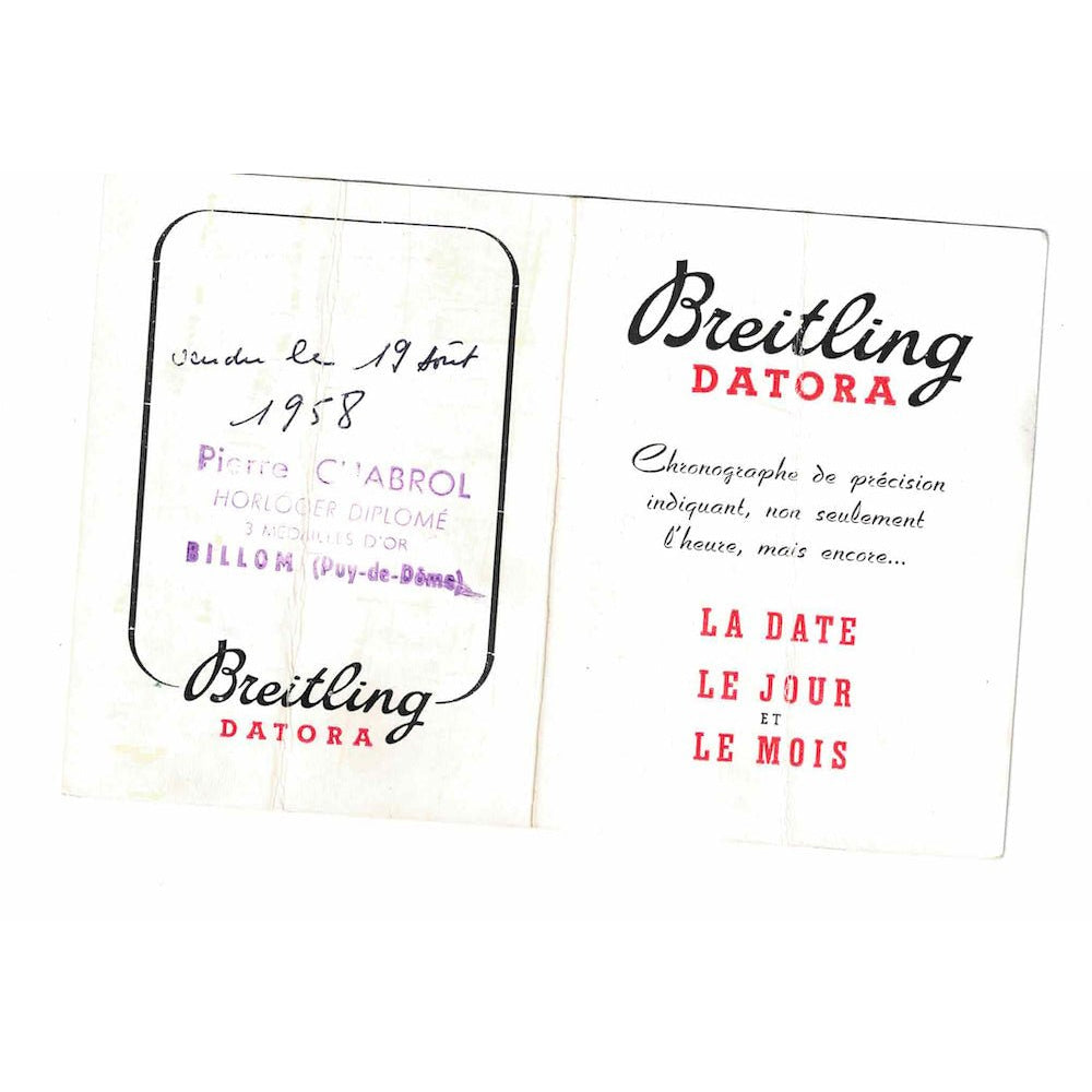 Montre Breitling Datora mécanique de 1958 en laminé. 38 mm. ref : 804. Première main, boite, papiers et facture d'origine. - Castafiore