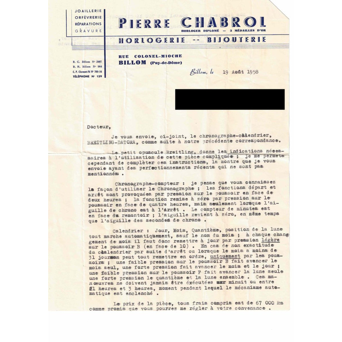 Montre Breitling Datora mécanique de 1958 en laminé. 38 mm. ref : 804. Première main, boite, papiers et facture d'origine. - Castafiore