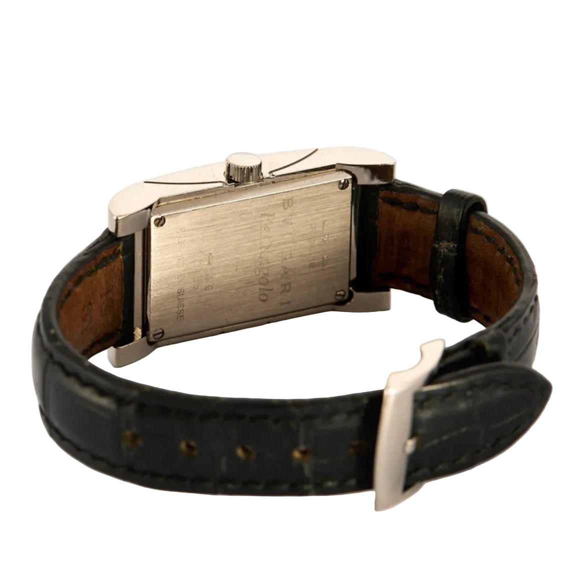 Montre BULGARI "Retrangolo" en or blanc, cuir, quartz et diamants - Castafiore