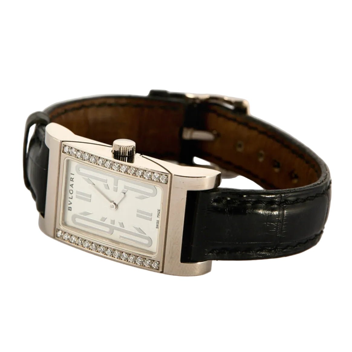Montre BULGARI "Retrangolo" en or blanc, cuir, quartz et diamants - Castafiore