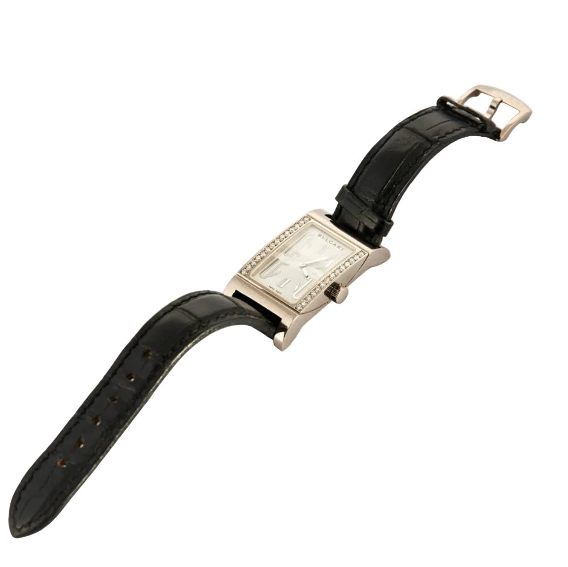 Montre BULGARI "Retrangolo" en or blanc, cuir, quartz et diamants - Castafiore