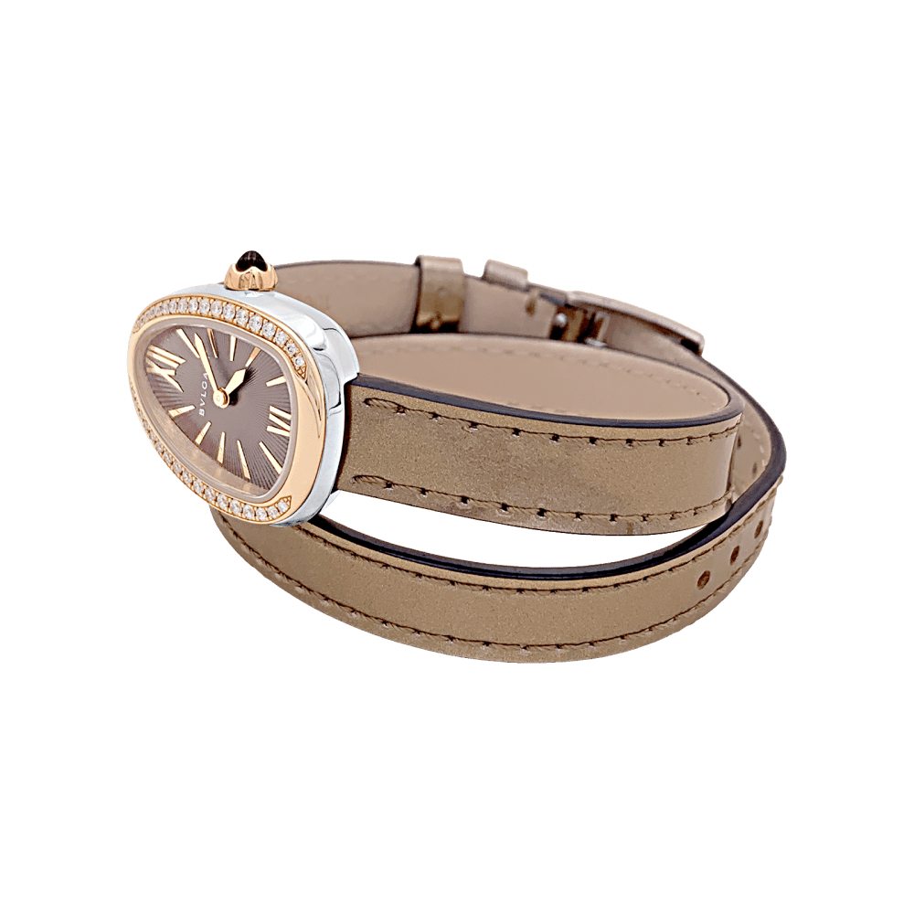 Montre BULGARI "Serpenti" en or rose, acier, cuir et diamants - Castafiore