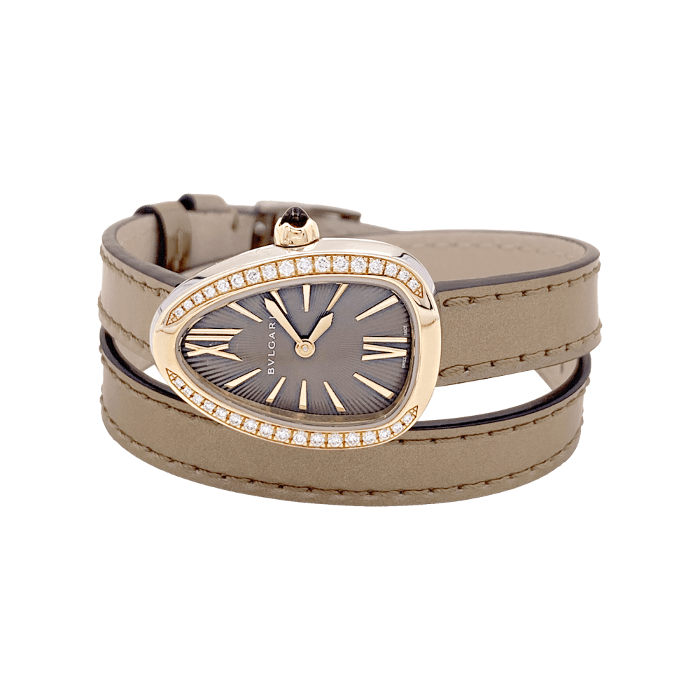Montre BULGARI "Serpenti" en or rose, acier, cuir et diamants - Castafiore