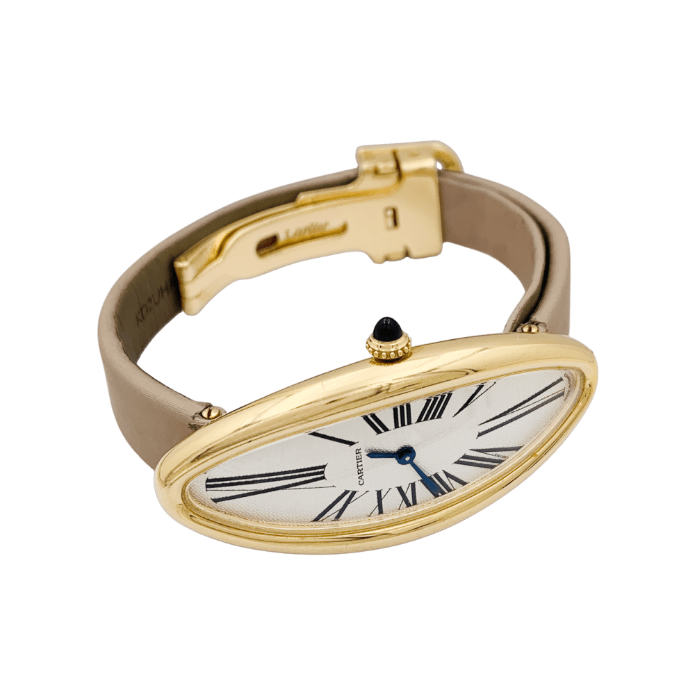 Montre CARTIER "Baignoire Allongée" en or rose, argent, acier et cuir - Castafiore