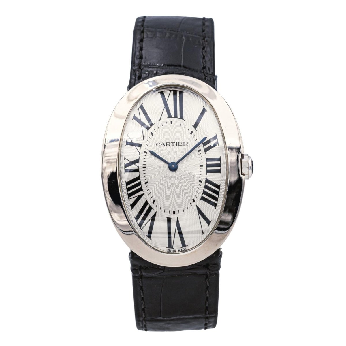 Montre CARTIER "Baignoire" en or blanc, saphir et cuir - Castafiore
