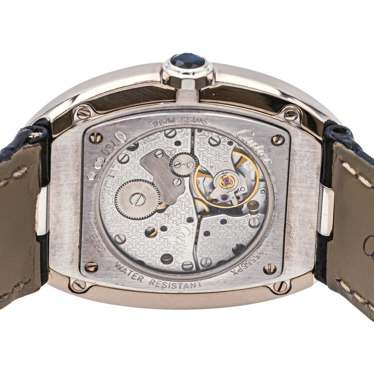 Montre CARTIER "Baignoire" en or blanc, saphir et cuir - Castafiore