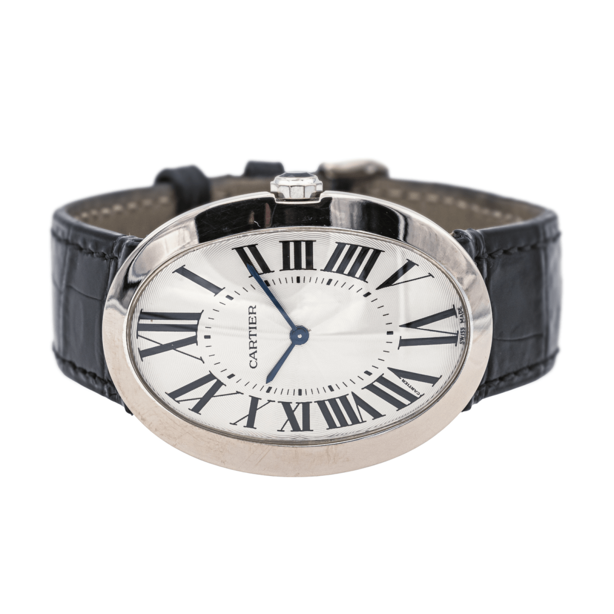 Montre CARTIER "Baignoire" en or blanc, saphir et cuir - Castafiore