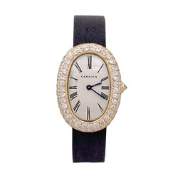 Montre CARTIER "Baignoire", or jaune, argent, cuir et diamants. - Castafiore