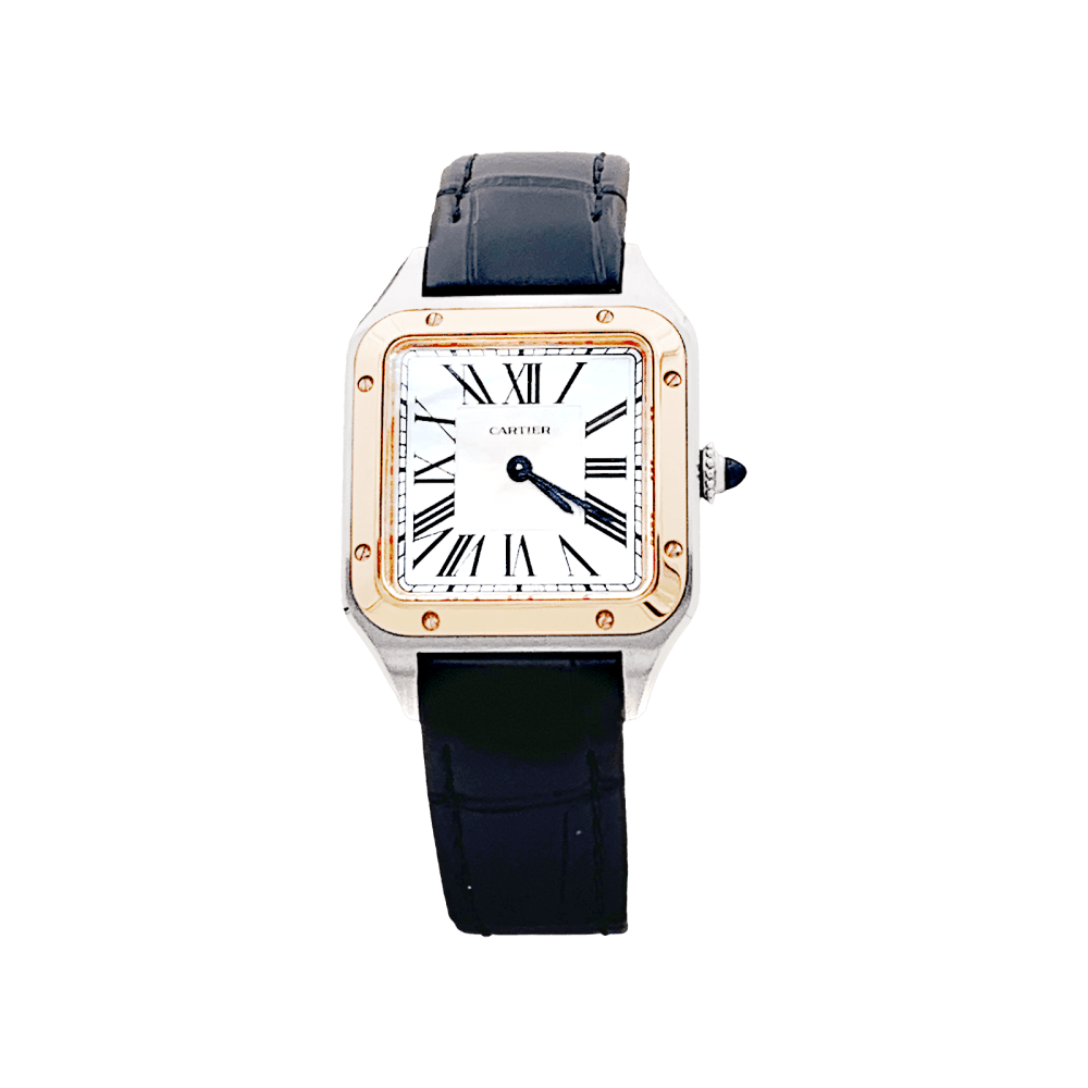 Montre CARTIER "Santos - Dumont" en or rose, acier, argent et cuir - Castafiore