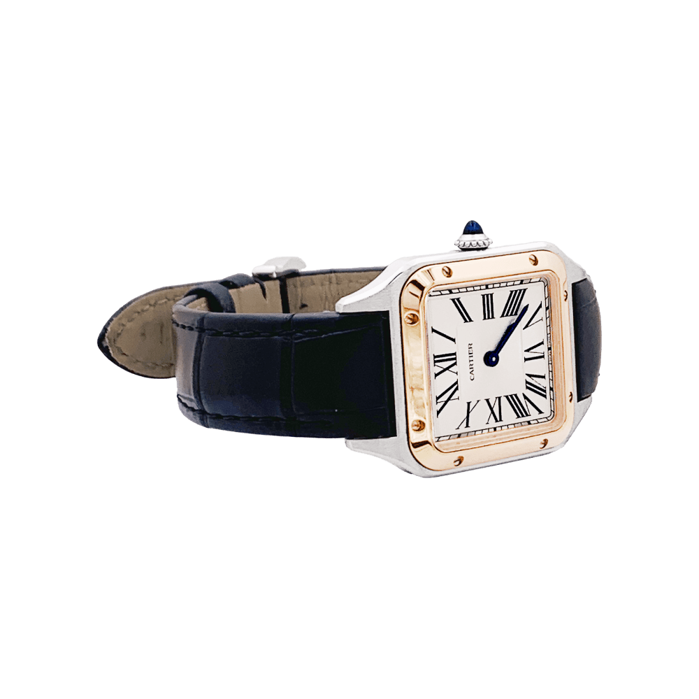 Montre CARTIER "Santos - Dumont" en or rose, acier, argent et cuir - Castafiore
