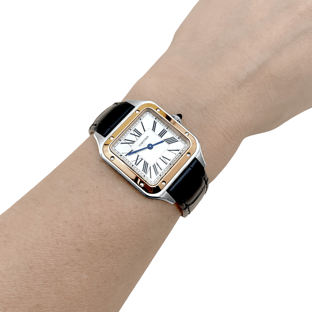 Montre CARTIER "Santos - Dumont" en or rose, acier, argent et cuir - Castafiore