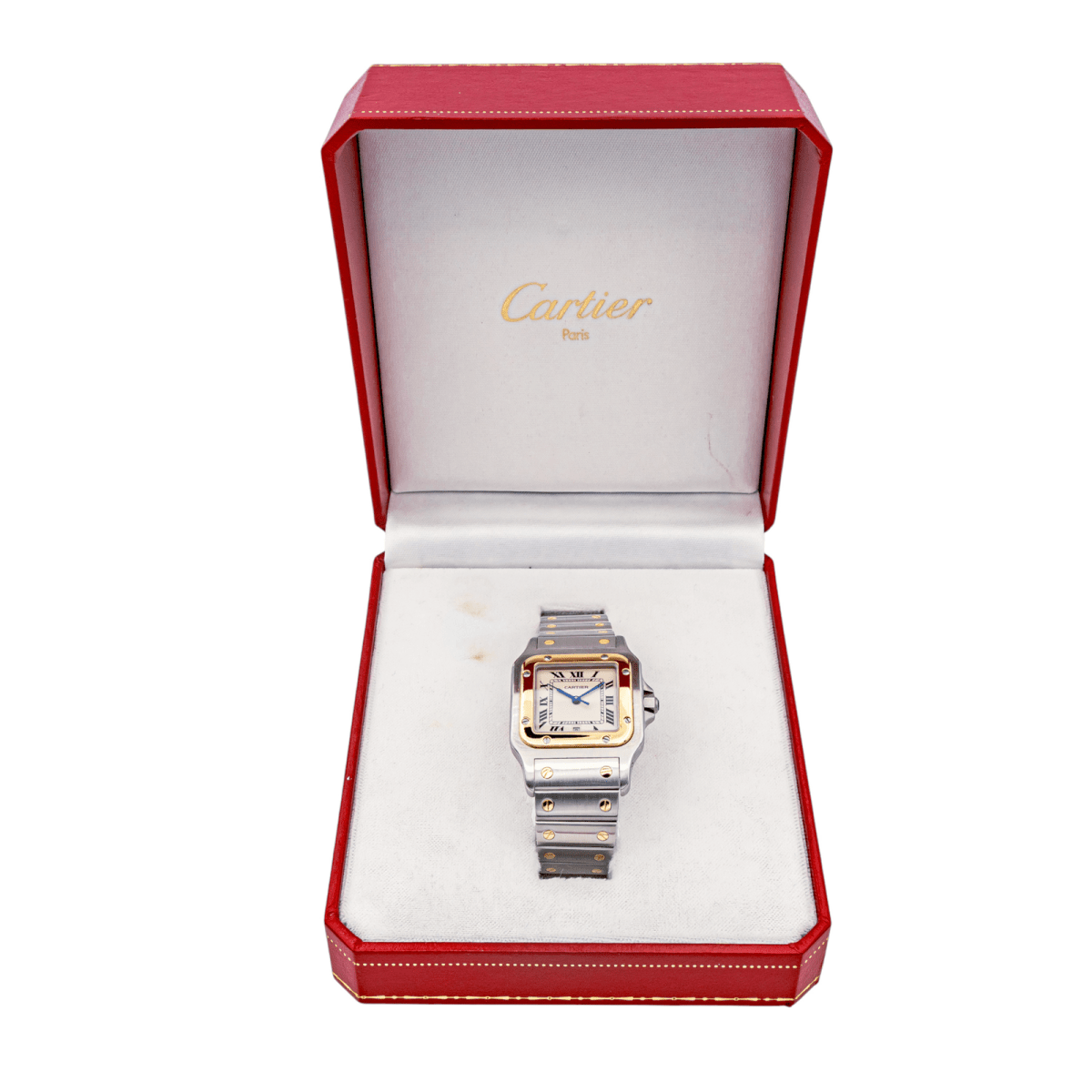 Montre Cartier "Santos" en or jaune, acier, saphir, spinelle et quartz - Castafiore