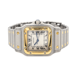 Montre Cartier "Santos" en or jaune, acier, saphir, spinelle et quartz - Castafiore