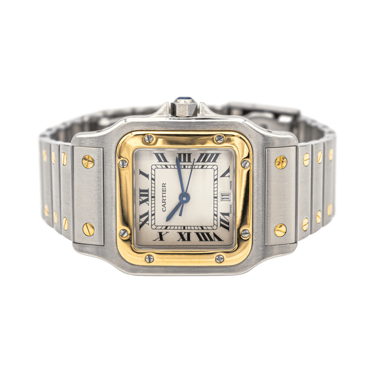 Montre Cartier "Santos" en or jaune, acier, saphir, spinelle et quartz - Castafiore