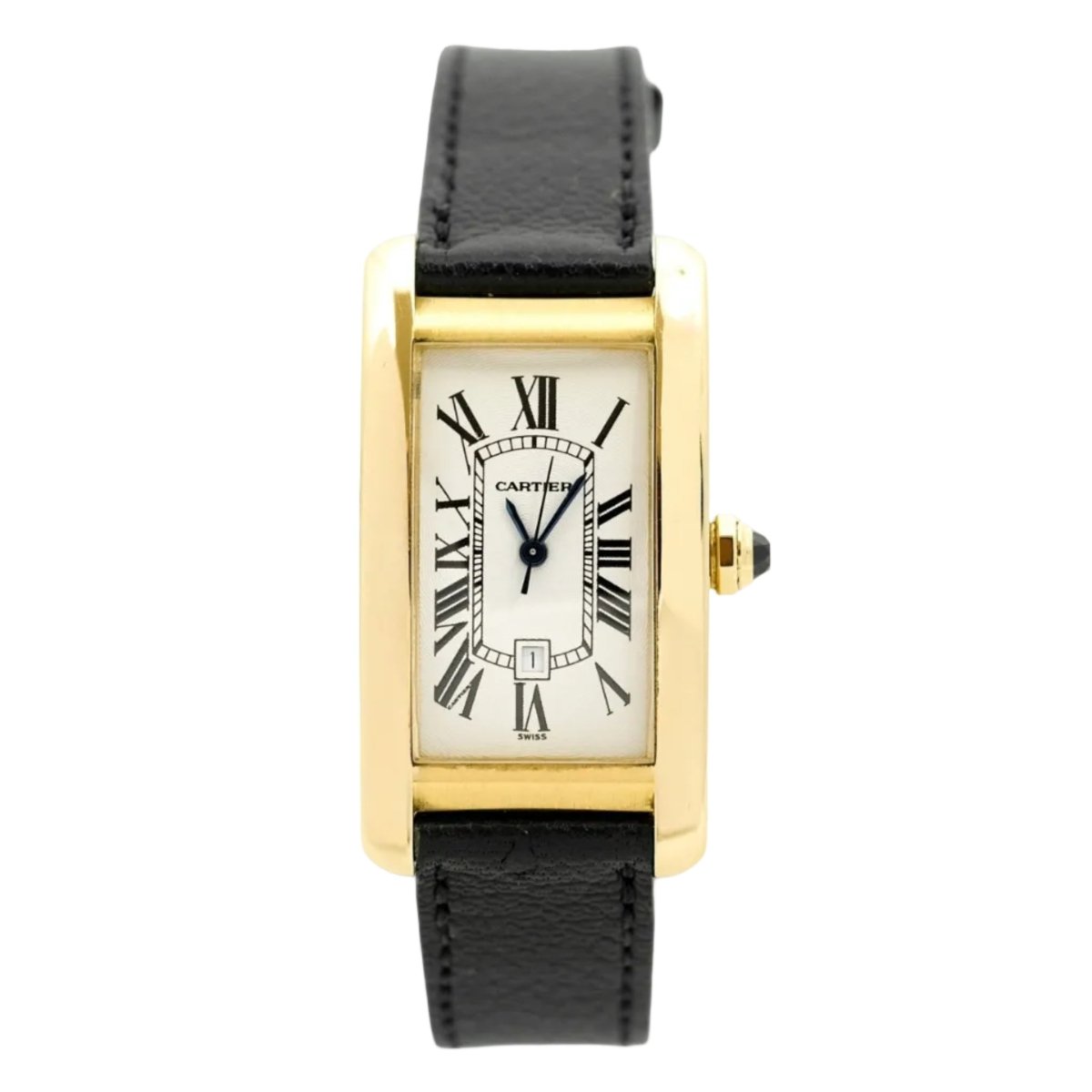 Montre CARTIER "Tank Américaine" en or jaune, cuir et saphir - Castafiore