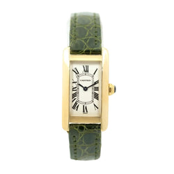 Montre CARTIER "Tank Américaine Lady" en or jaune, cuir et saphir - Castafiore
