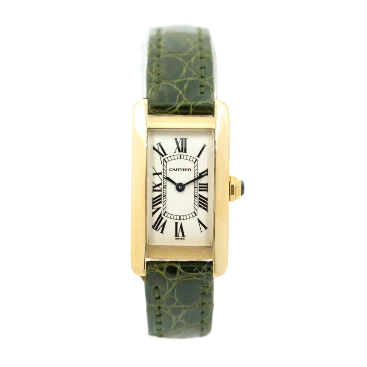 Montre CARTIER "Tank Américaine Lady" en or jaune, cuir et saphir - Castafiore