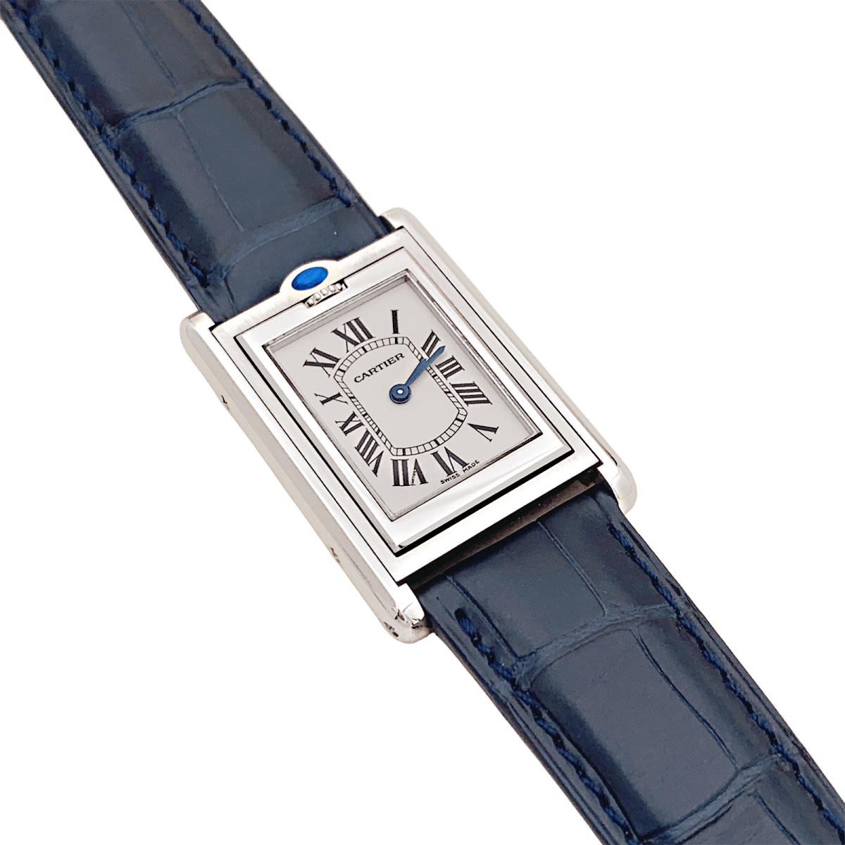 Montre CARTIER "Tank Basculante" en acier, argent et cuir - Castafiore