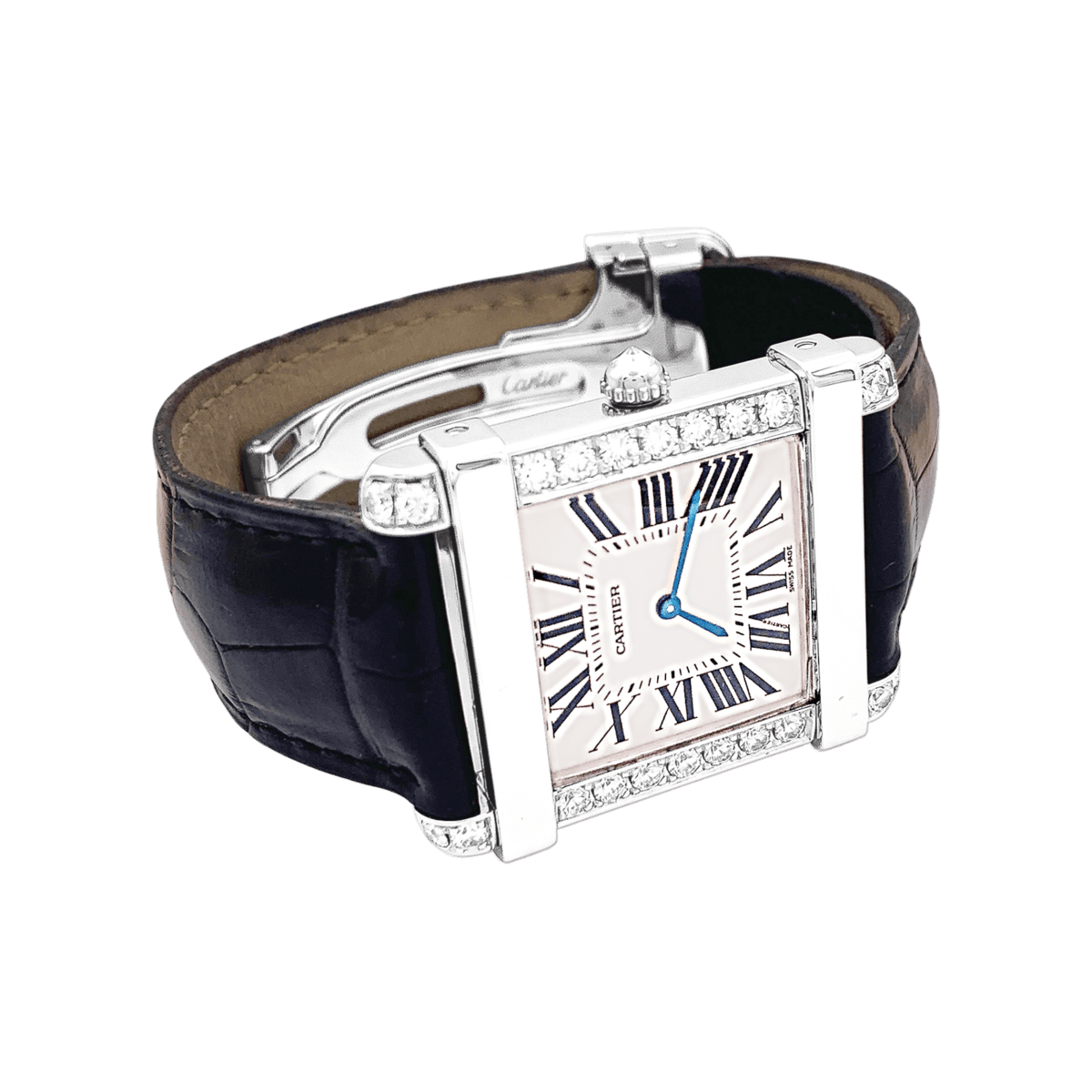Montre CARTIER "Tank Chinoise" en or blanc, platine, cuir, acier et diamants - Castafiore
