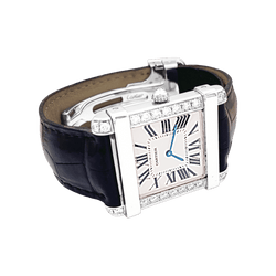 Montre CARTIER "Tank Chinoise" en or blanc, platine, cuir, acier et diamants - Castafiore