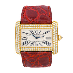 Montre CARTIER "Tank Divan" en or jaune, cuir et diamants - Castafiore