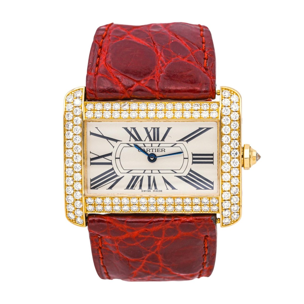 Montre CARTIER "Tank Divan" en or jaune, cuir et diamants - Castafiore