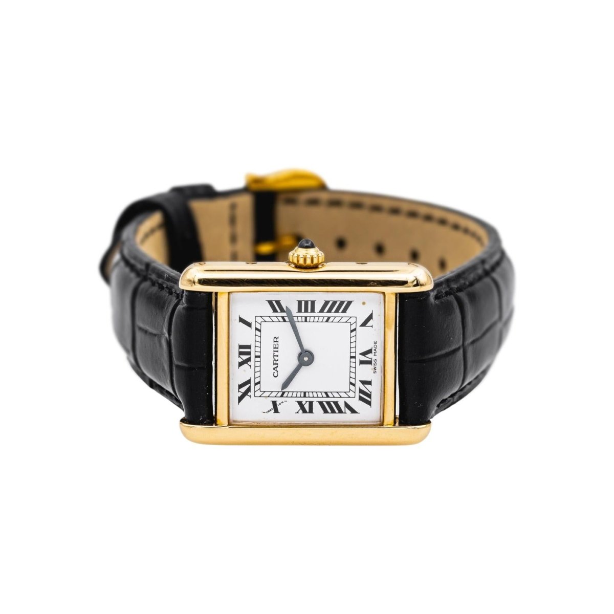 Montre CARTIER "Tank" en or jaune, cuir et saphir - Castafiore