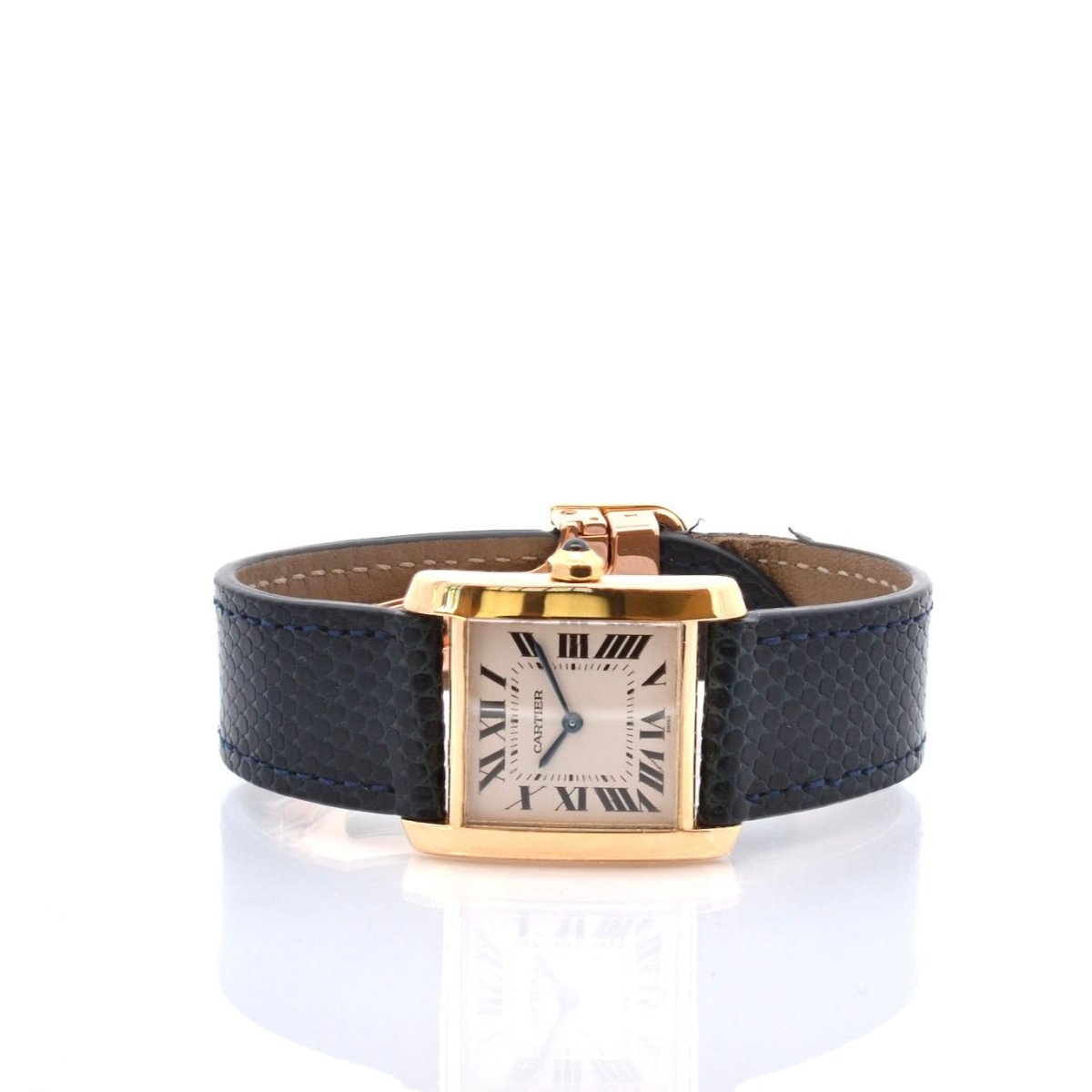 Montre CARTIER "Tank" en or jaune, cuir, saphir et quartz - Castafiore