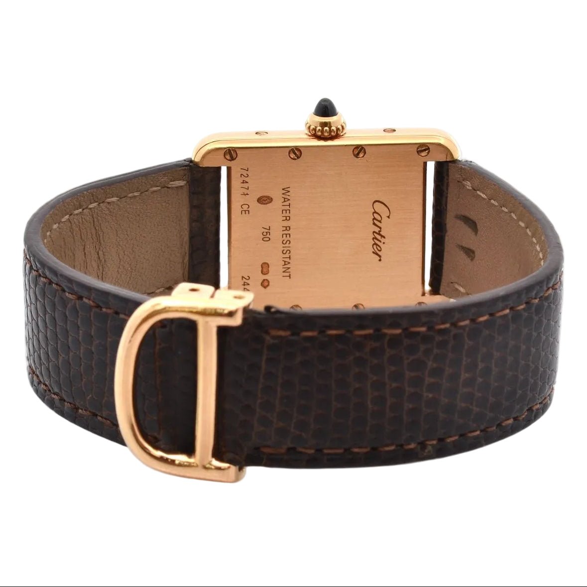 Montre CARTIER "Tank Louis Cartier" en or rose, cuir, plexi et quartz - Castafiore